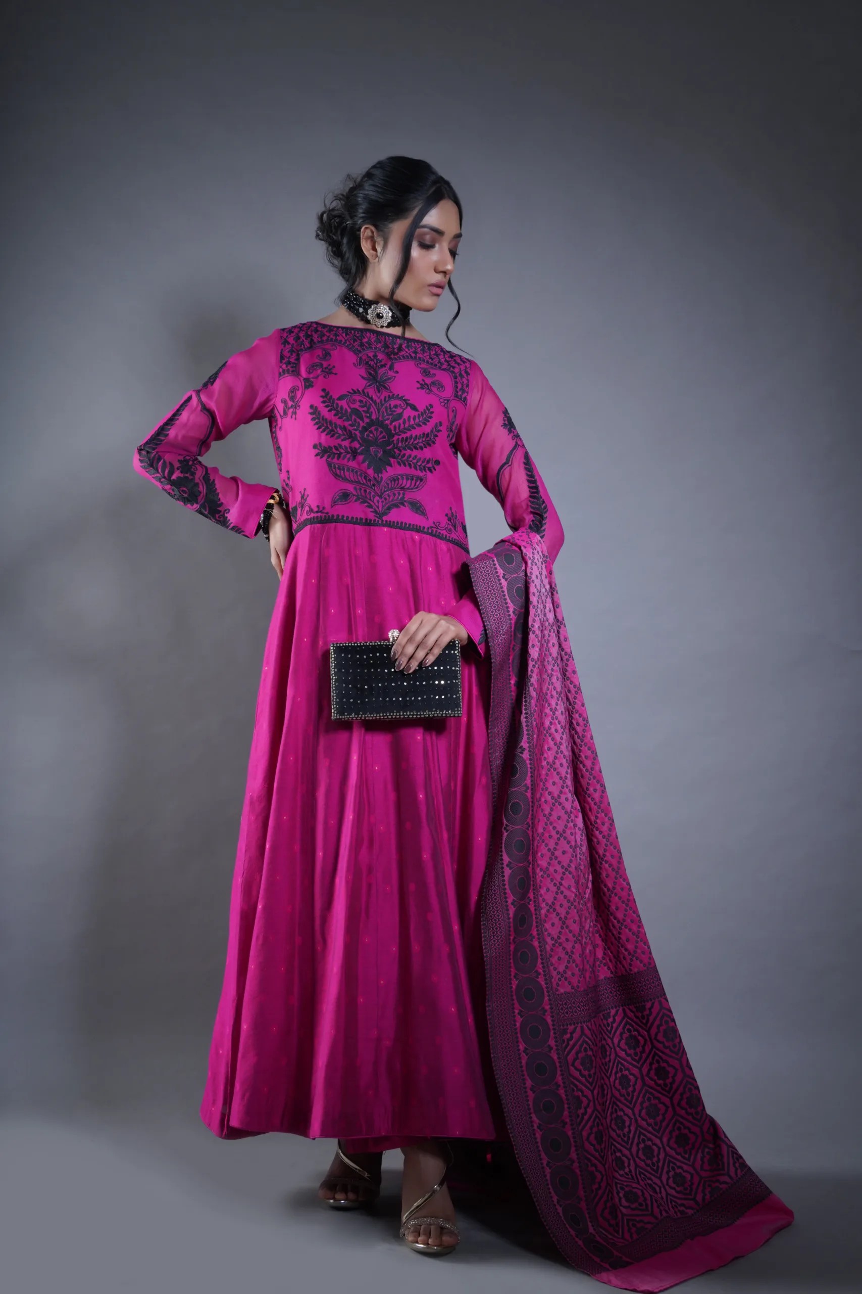 Pakistani Magenta Embroidered Karandi Mix Anarkali Dress (3-Piece) - Image 5