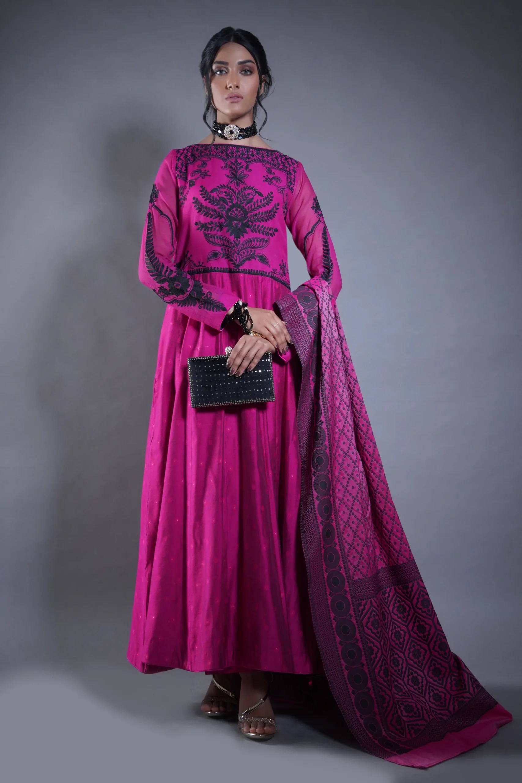 Pakistani Magenta Embroidered Karandi Mix Anarkali Dress (3-Piece) - Image 6