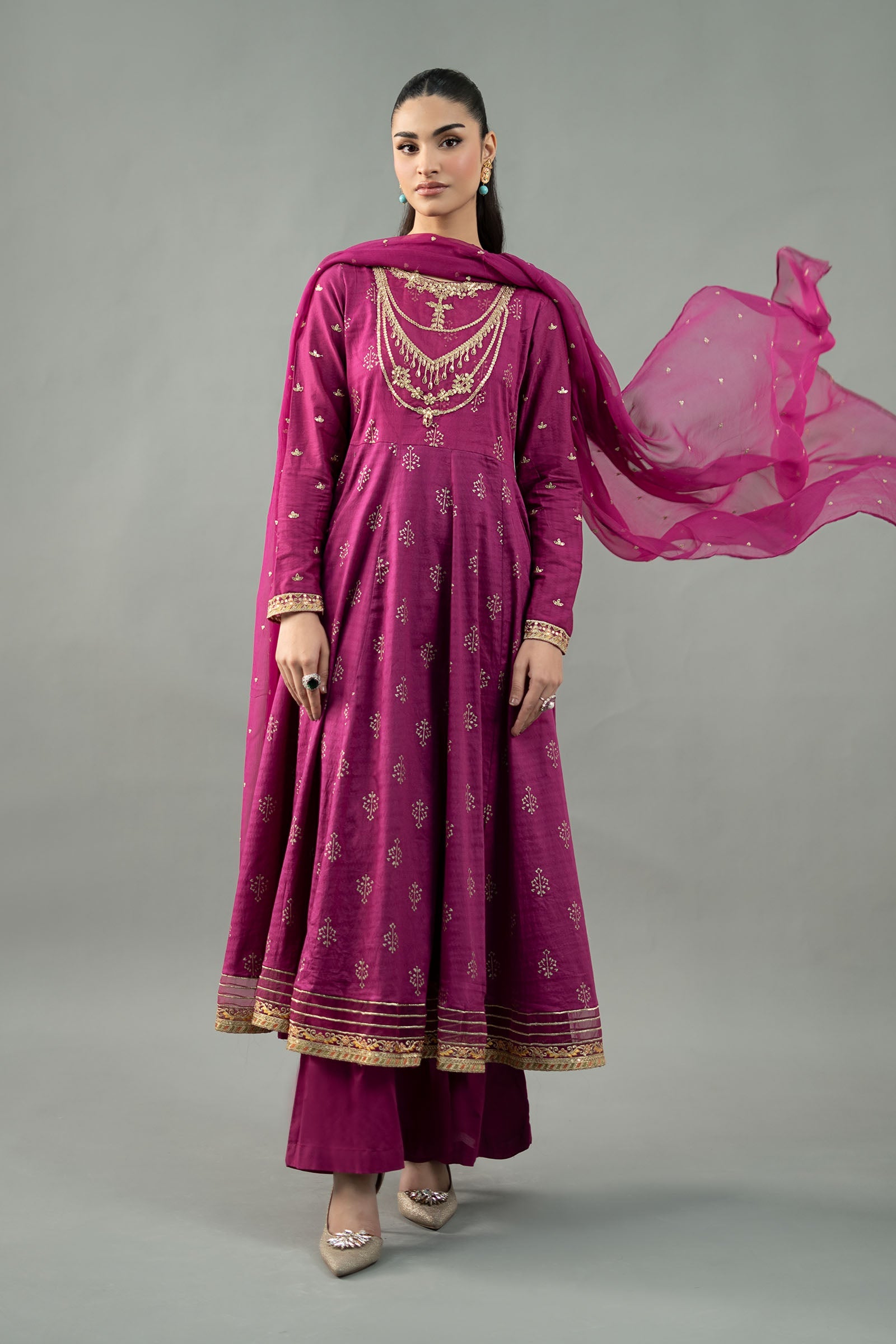 Magenta Embroidered Lawn Anarkali Dress (3-Piece) - Image 1