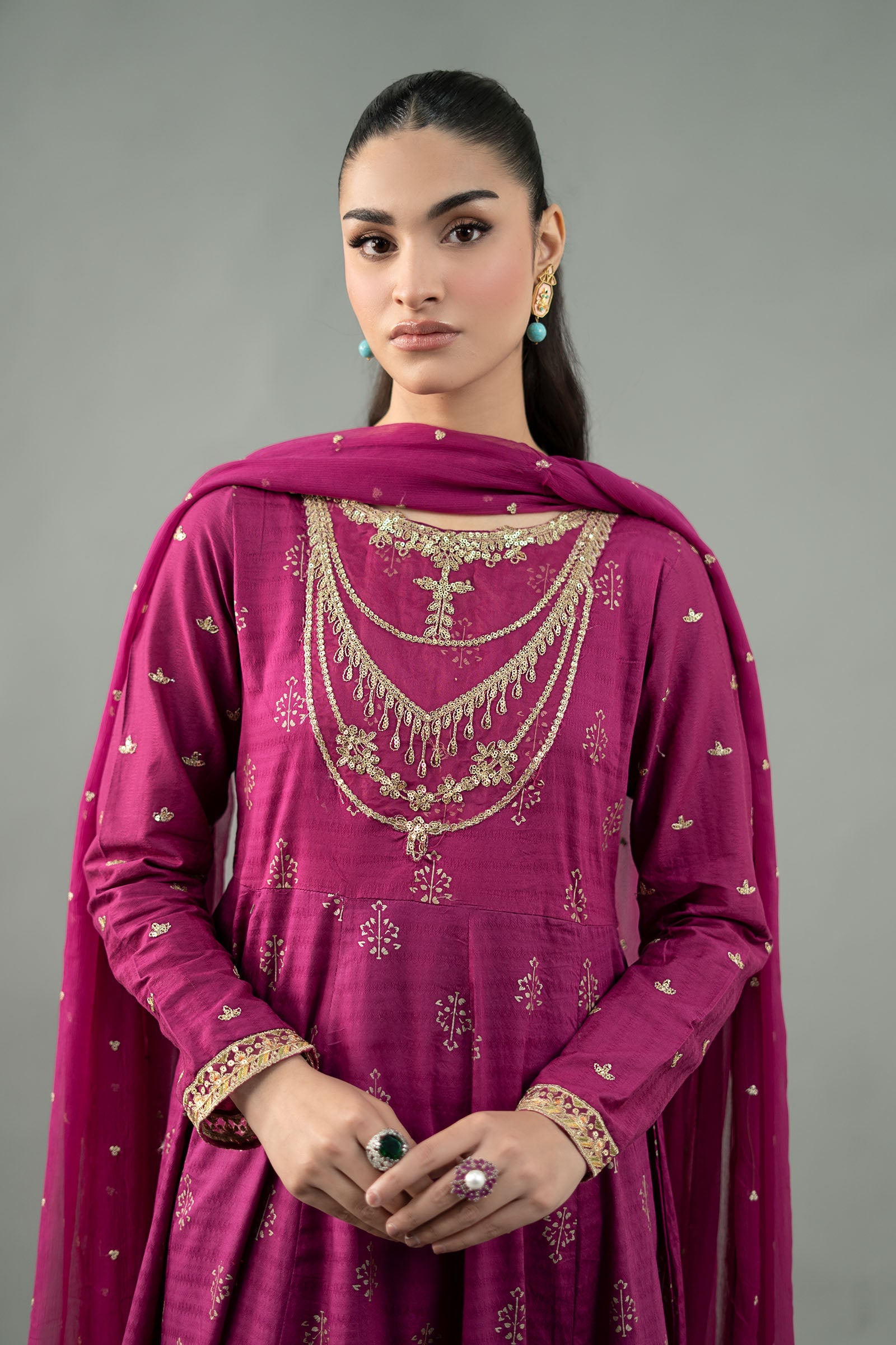 Magenta Embroidered Lawn Anarkali Dress (3-Piece) - Image 2