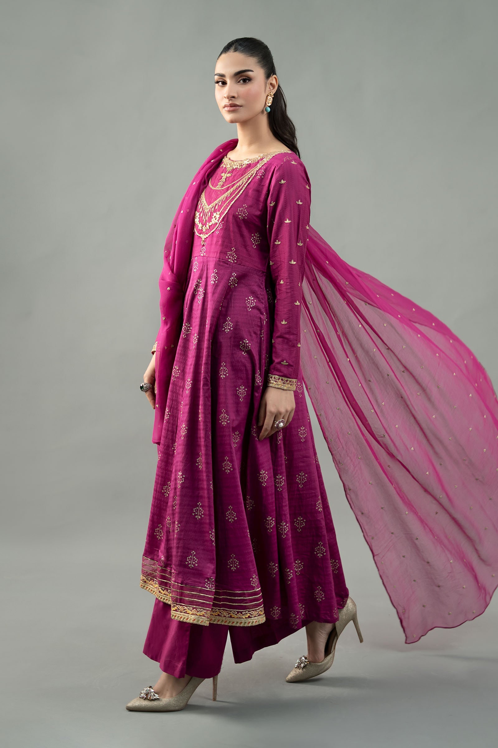 Magenta Embroidered Lawn Anarkali Dress (3-Piece) - Image 3