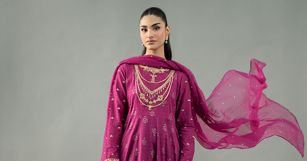 Magenta Embroidered Lawn Anarkali Dress (3-Piece) - Image 6