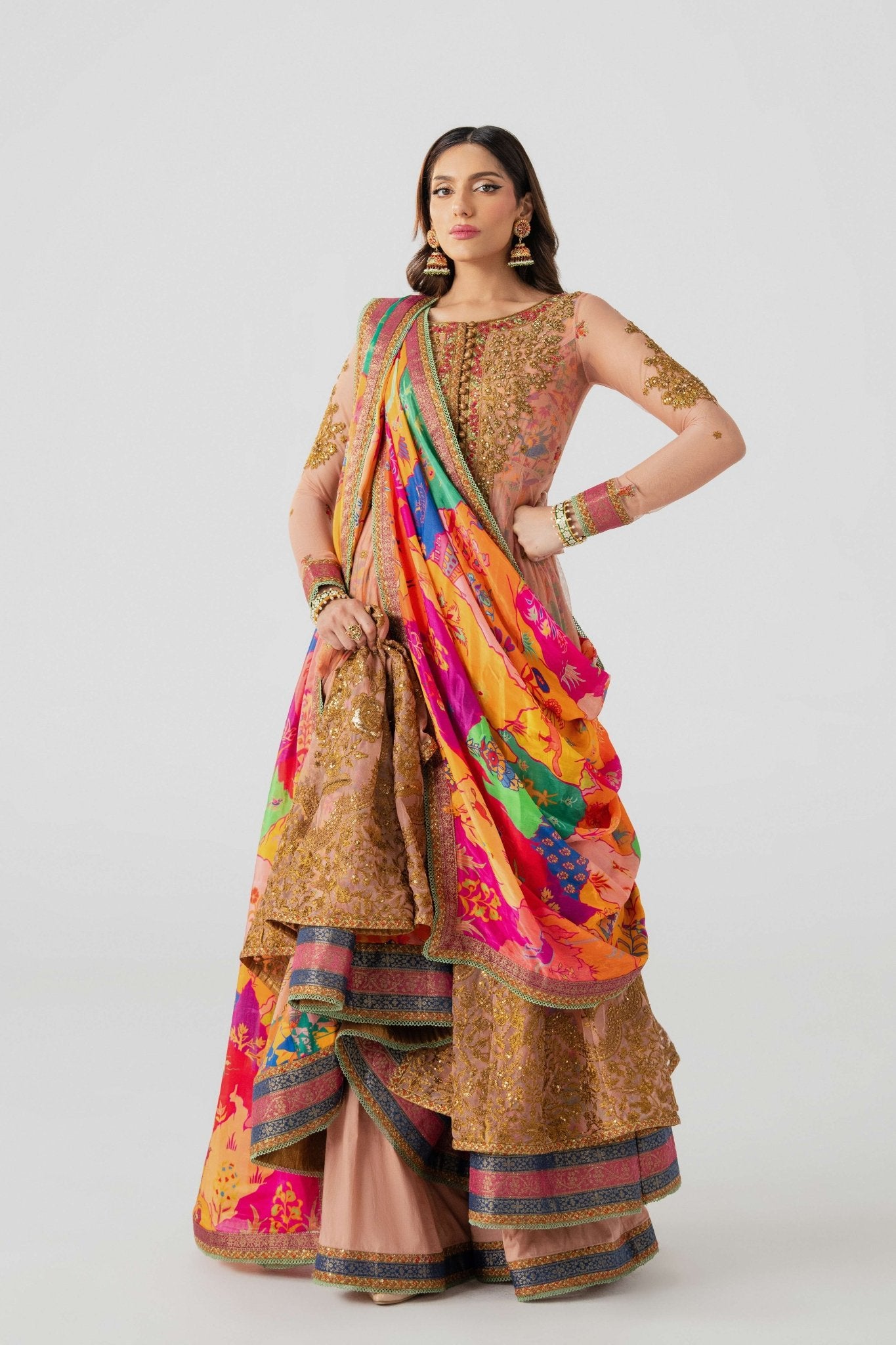 Pakistani Dusty Rose Embroidered Net Anarkali Dress (3-Piece) - Image 2