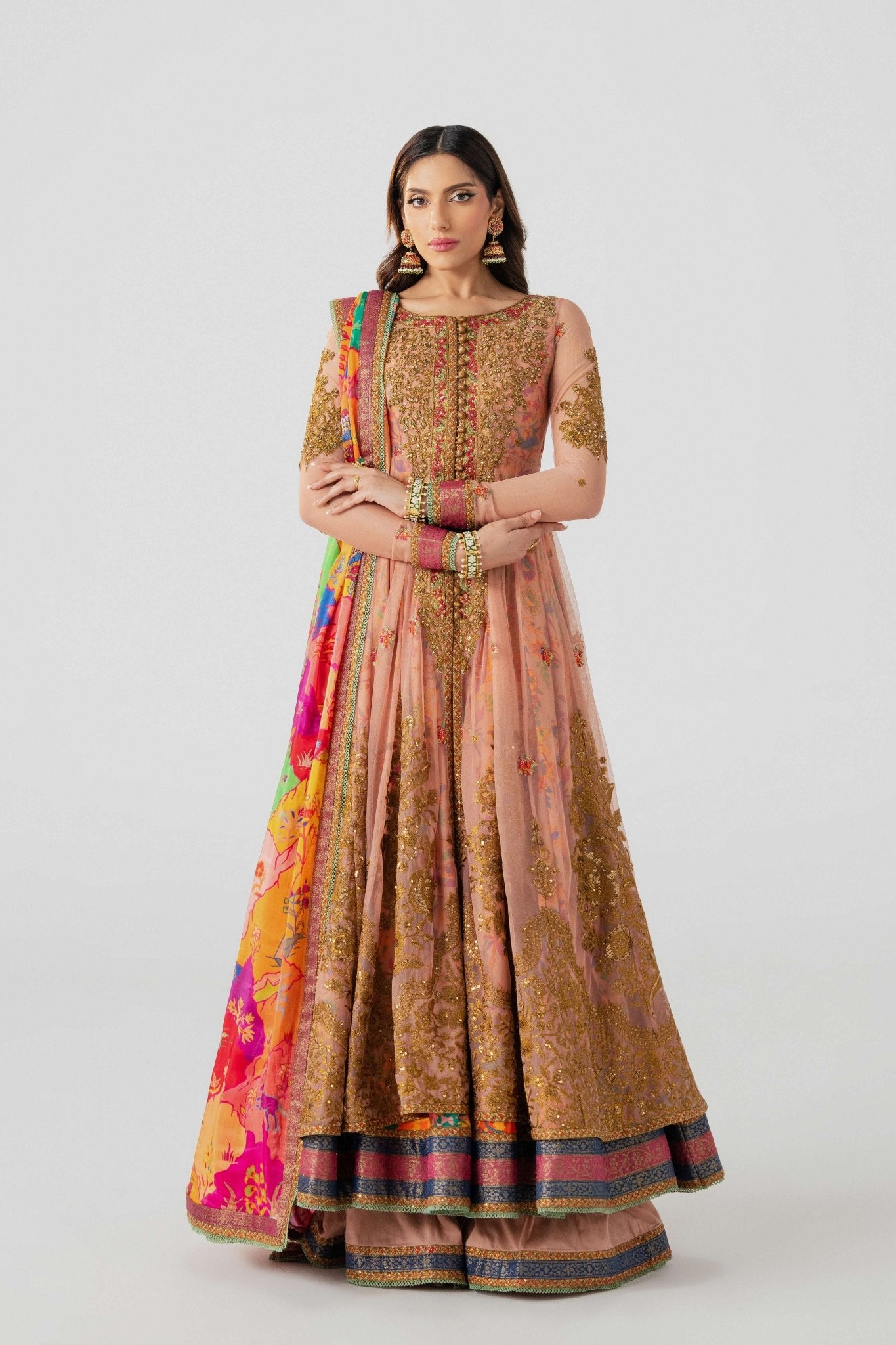Pakistani Dusty Rose Embroidered Net Anarkali Dress (3-Piece) - Image 3