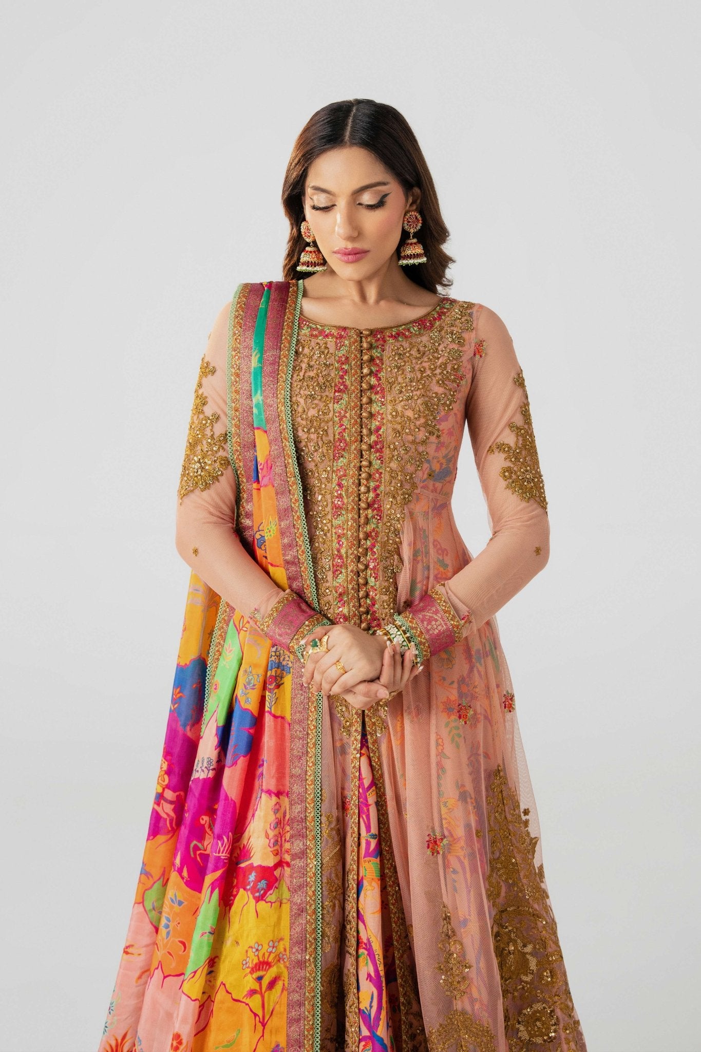 Pakistani Dusty Rose Embroidered Net Anarkali Dress (3-Piece) - Image 4