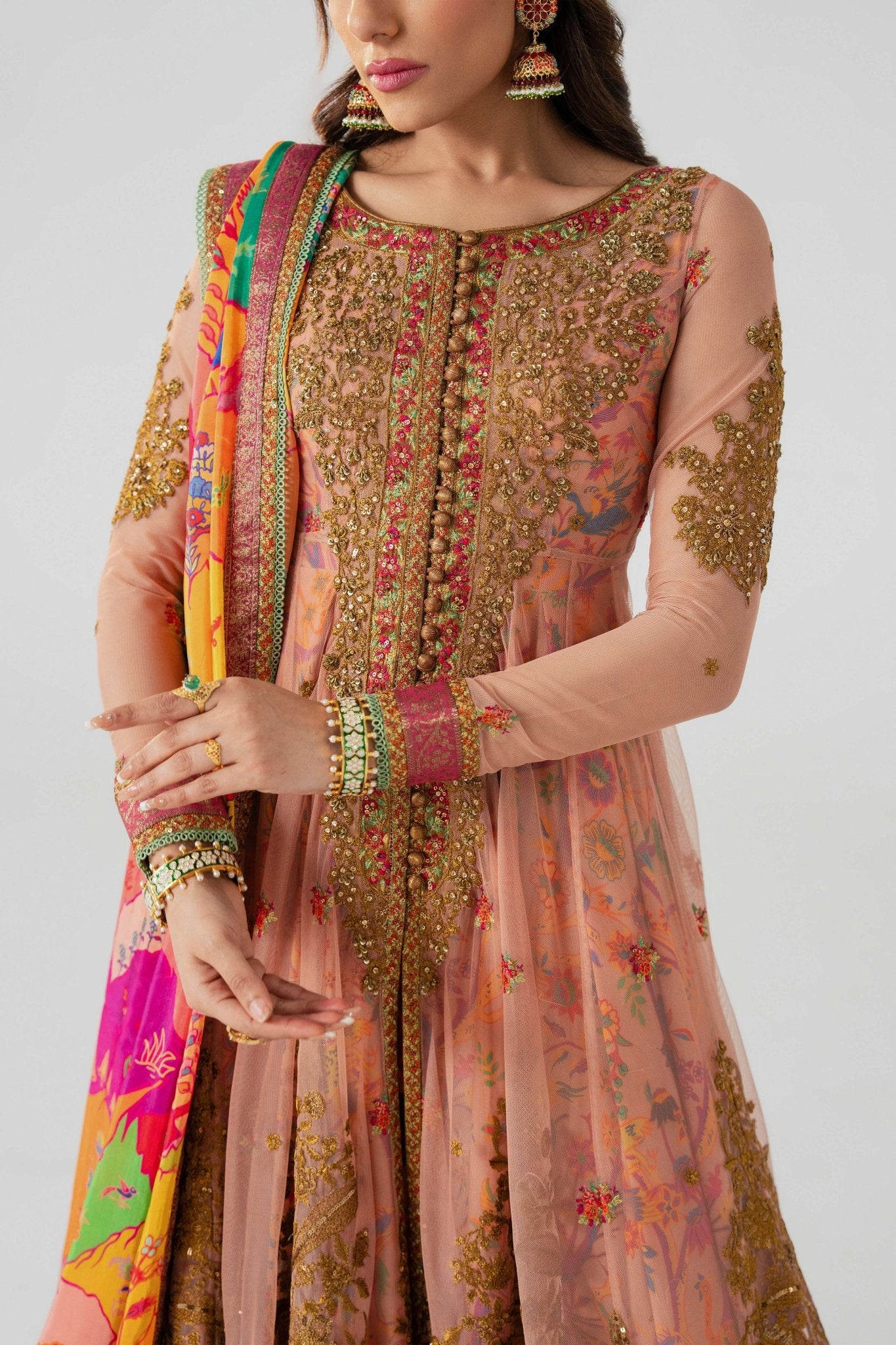 Pakistani Dusty Rose Embroidered Net Anarkali Dress (3-Piece) - Image 5