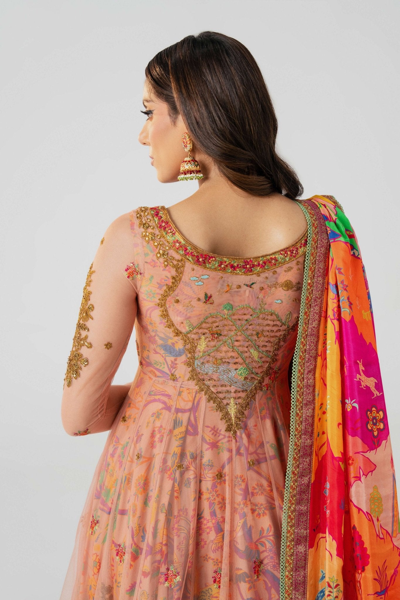 Pakistani Dusty Rose Embroidered Net Anarkali Dress (3-Piece) - Image 7