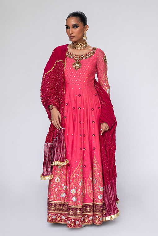 Pakistani Coral Embroidered Net Silk-Blend Anarkali (3-Piece) - Image 1