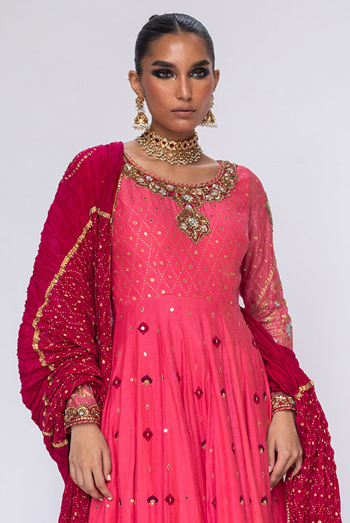 Pakistani Coral Embroidered Net Silk-Blend Anarkali (3-Piece) - Image 2