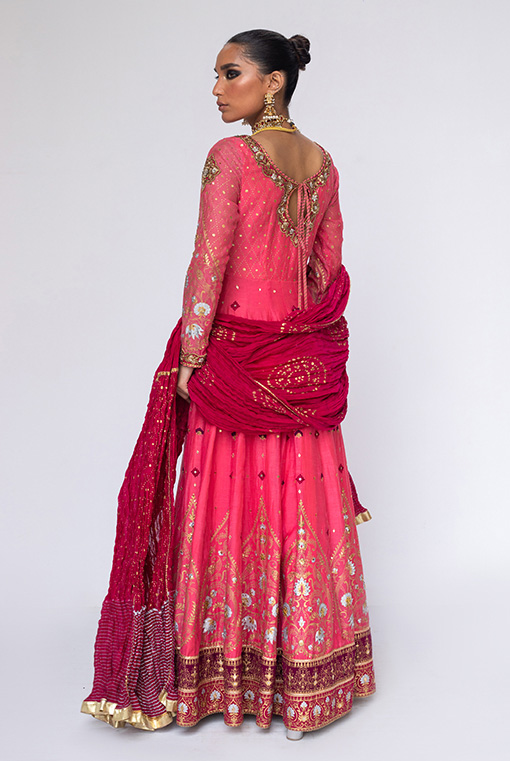 Pakistani Coral Embroidered Net Silk-Blend Anarkali (3-Piece) - Image 3