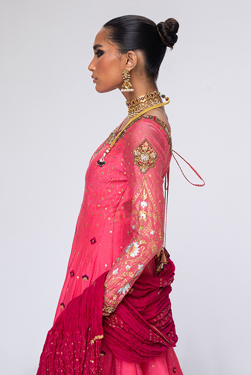 Pakistani Coral Embroidered Net Silk-Blend Anarkali (3-Piece) - Image 4