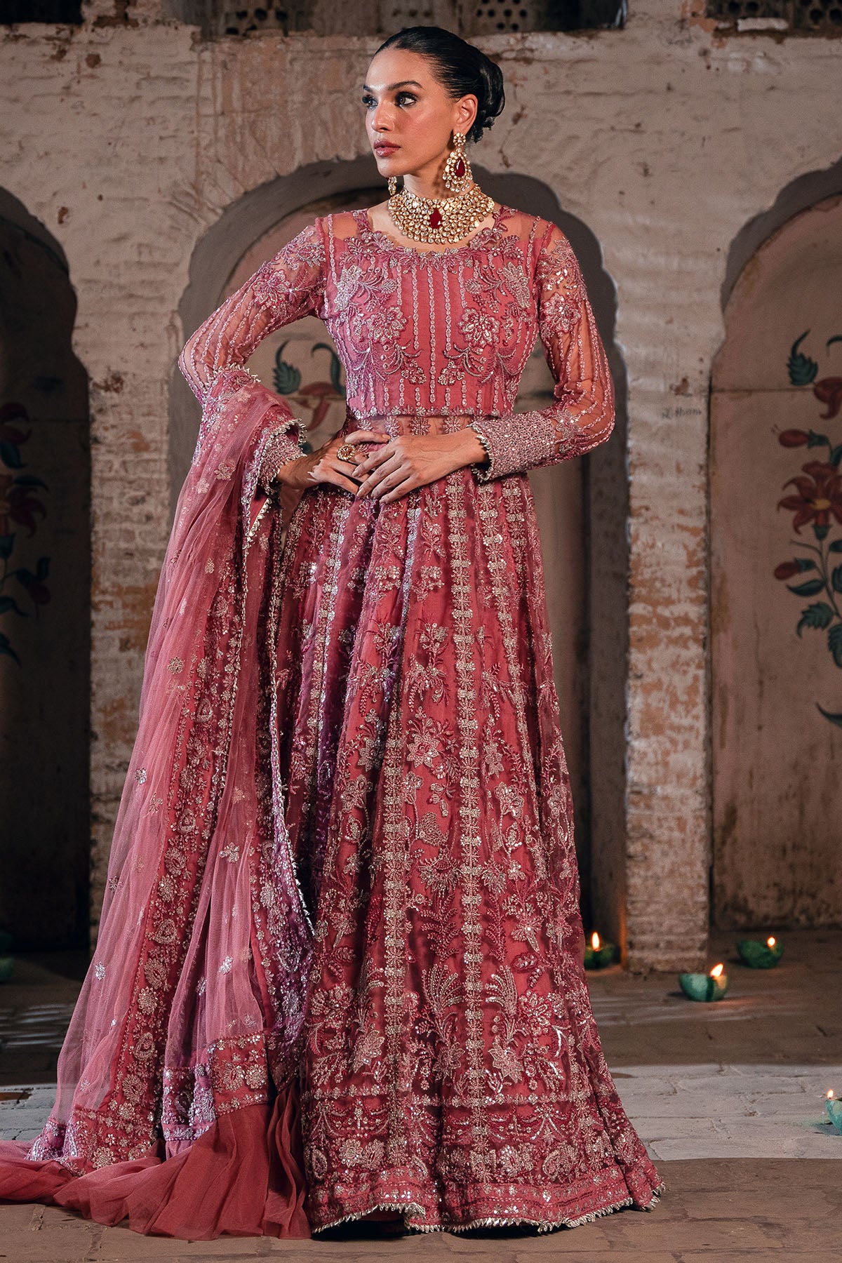 Pakistani Rose Pink Embroidered Net Anarkali Dress (3-Piece) - Image 2