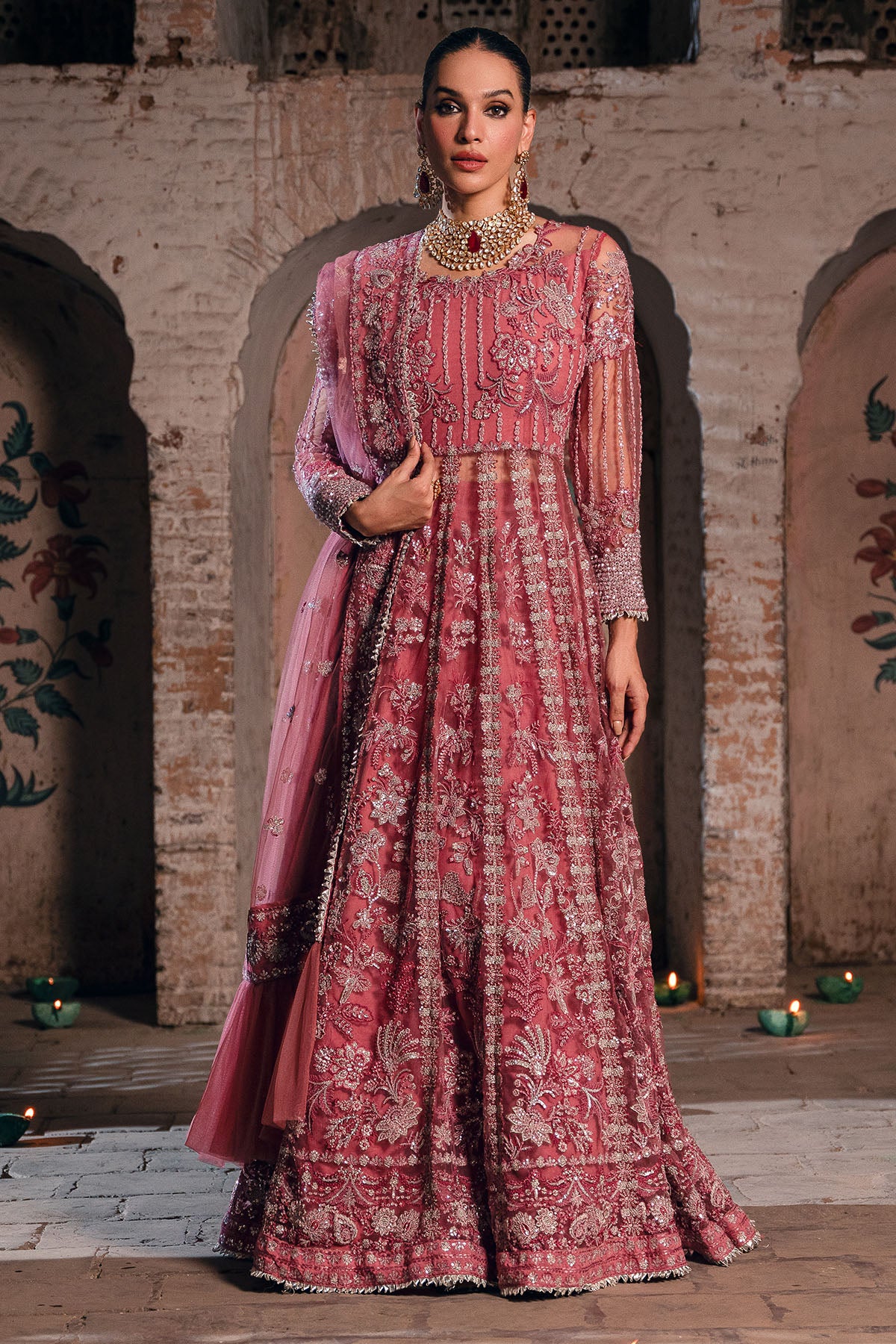 Pakistani Rose Pink Embroidered Net Anarkali Dress (3-Piece) - Image 3
