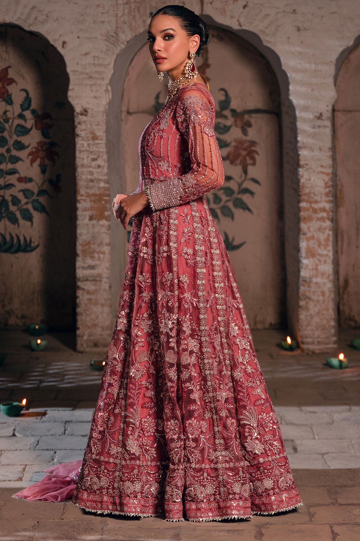 Pakistani Rose Pink Embroidered Net Anarkali Dress (3-Piece) - Image 4