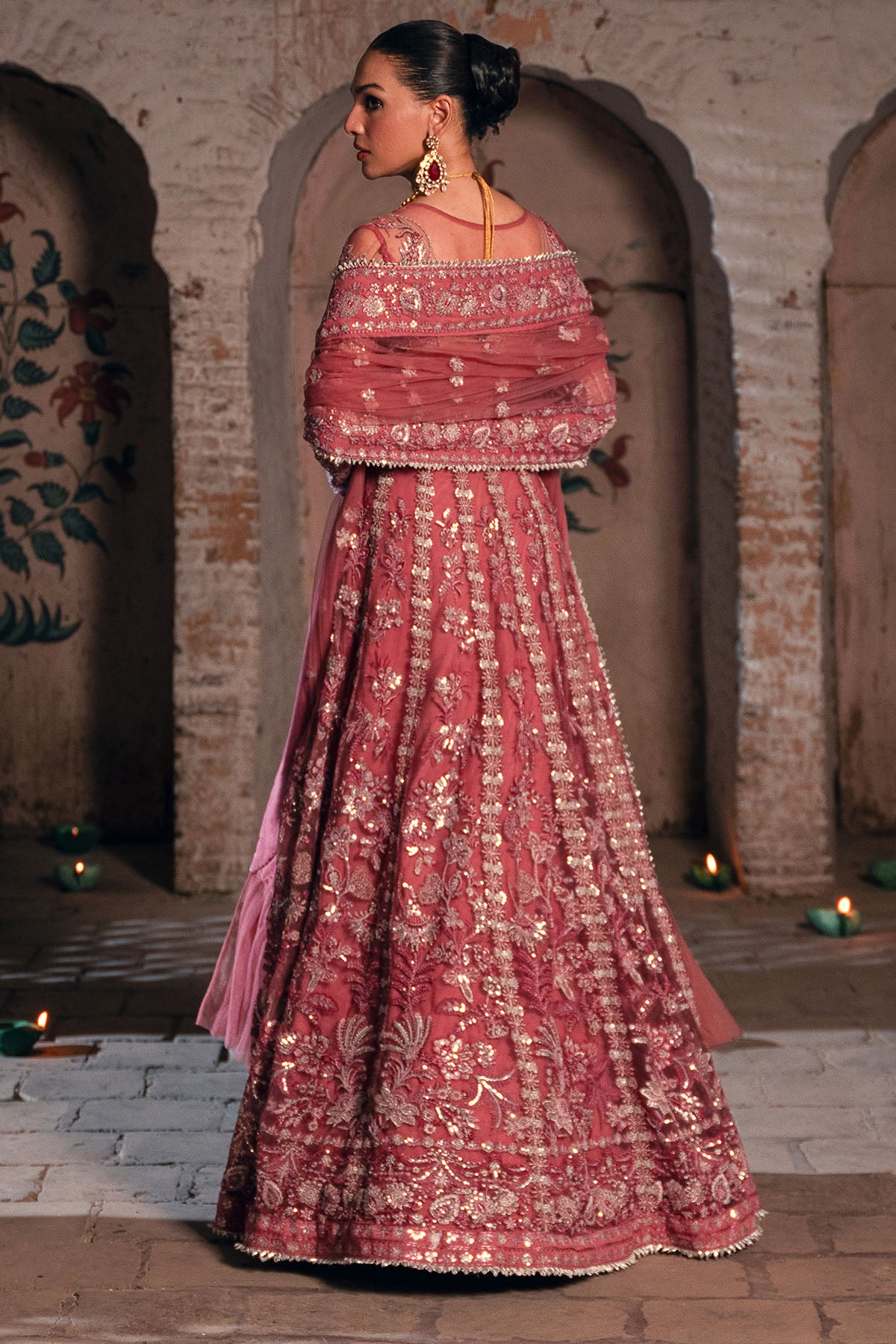 Pakistani Rose Pink Embroidered Net Anarkali Dress (3-Piece) - Image 5