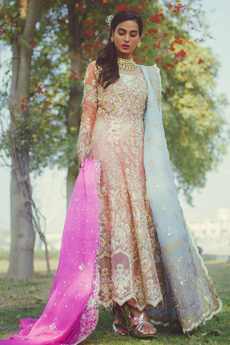 Pakistani Peach Gold Embroidered Organza Anarkali Dress (3-Piece) - Image 1
