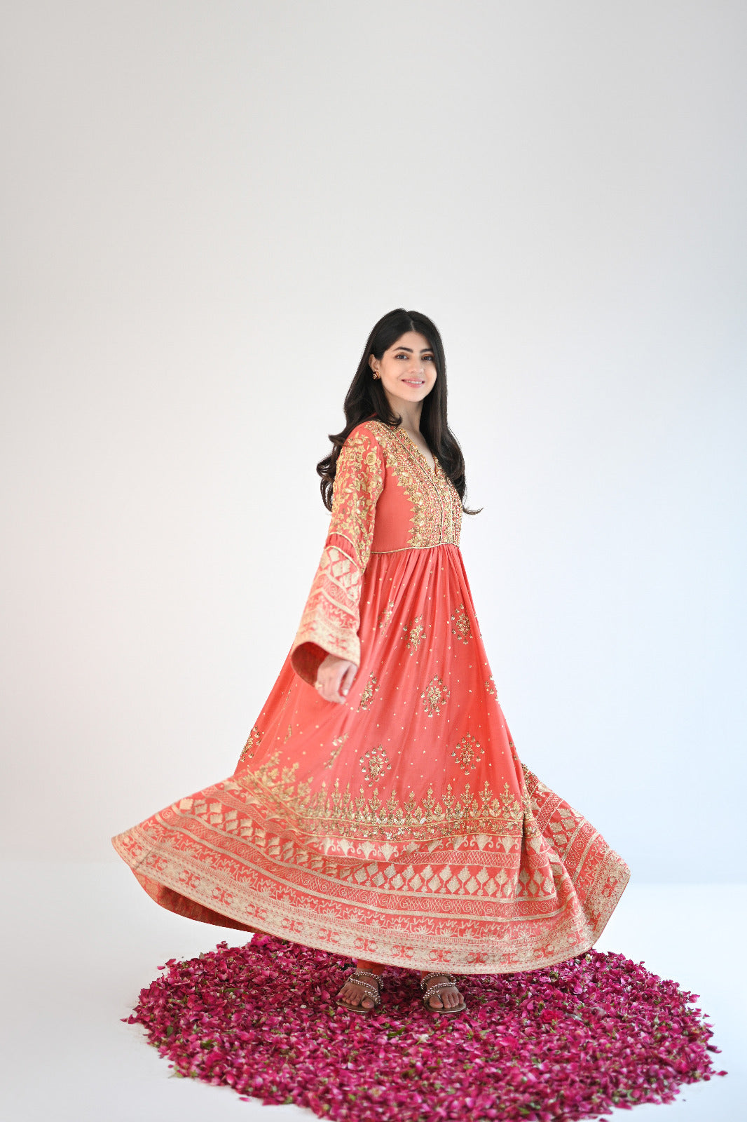 Coral Gold Embroidered Organza Anarkali Dress (2-Piece) - Image 1