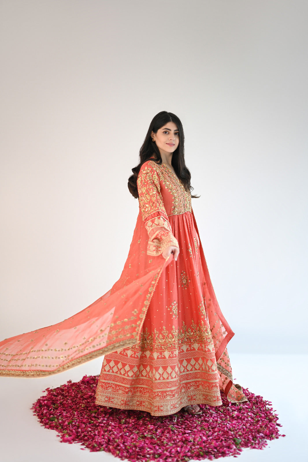 Coral Gold Embroidered Organza Anarkali Dress (2-Piece) - Image 2