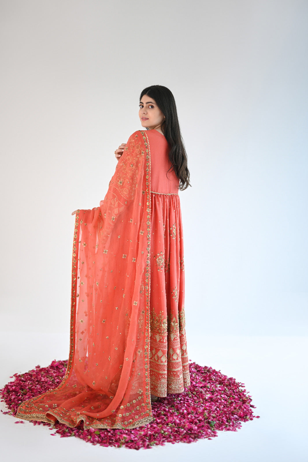 Coral Gold Embroidered Organza Anarkali Dress (2-Piece) - Image 3