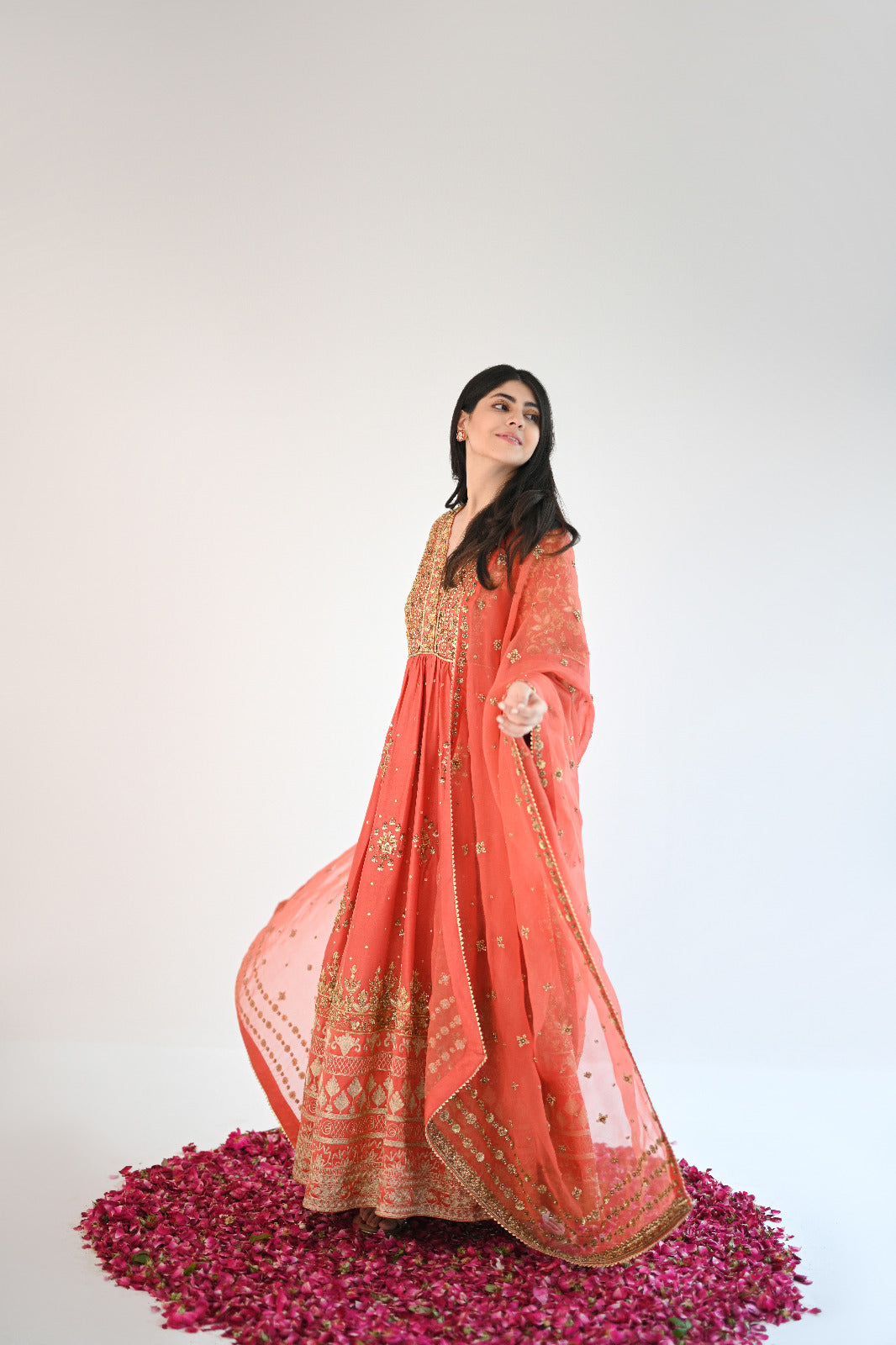 Coral Gold Embroidered Organza Anarkali Dress (2-Piece) - Image 5