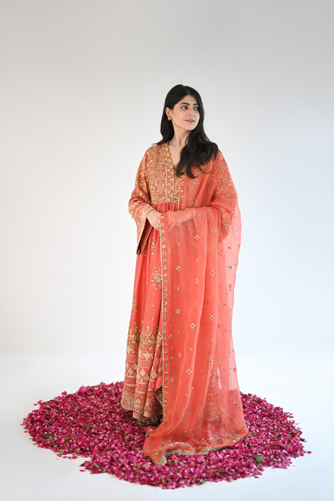 Coral Gold Embroidered Organza Anarkali Dress (2-Piece) - Image 6