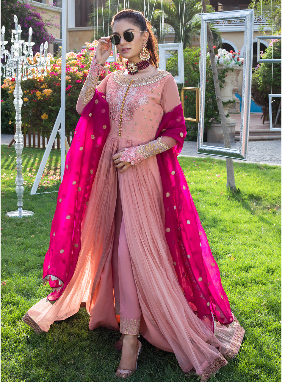 Peach Embroidered Organza Anarkali Dress (3-Piece) - Image 1