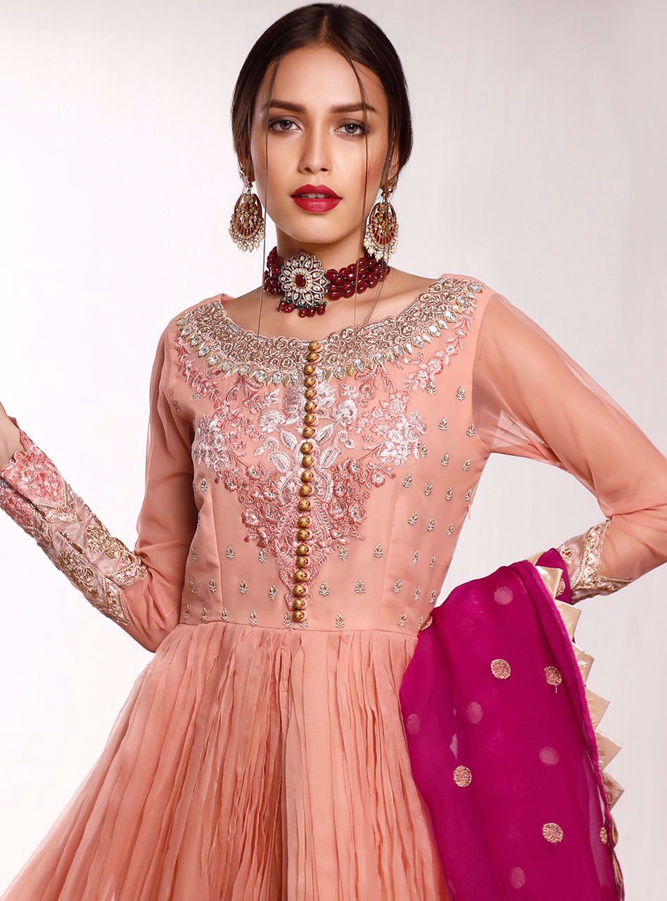 Peach Embroidered Organza Anarkali Dress (3-Piece) - Image 4