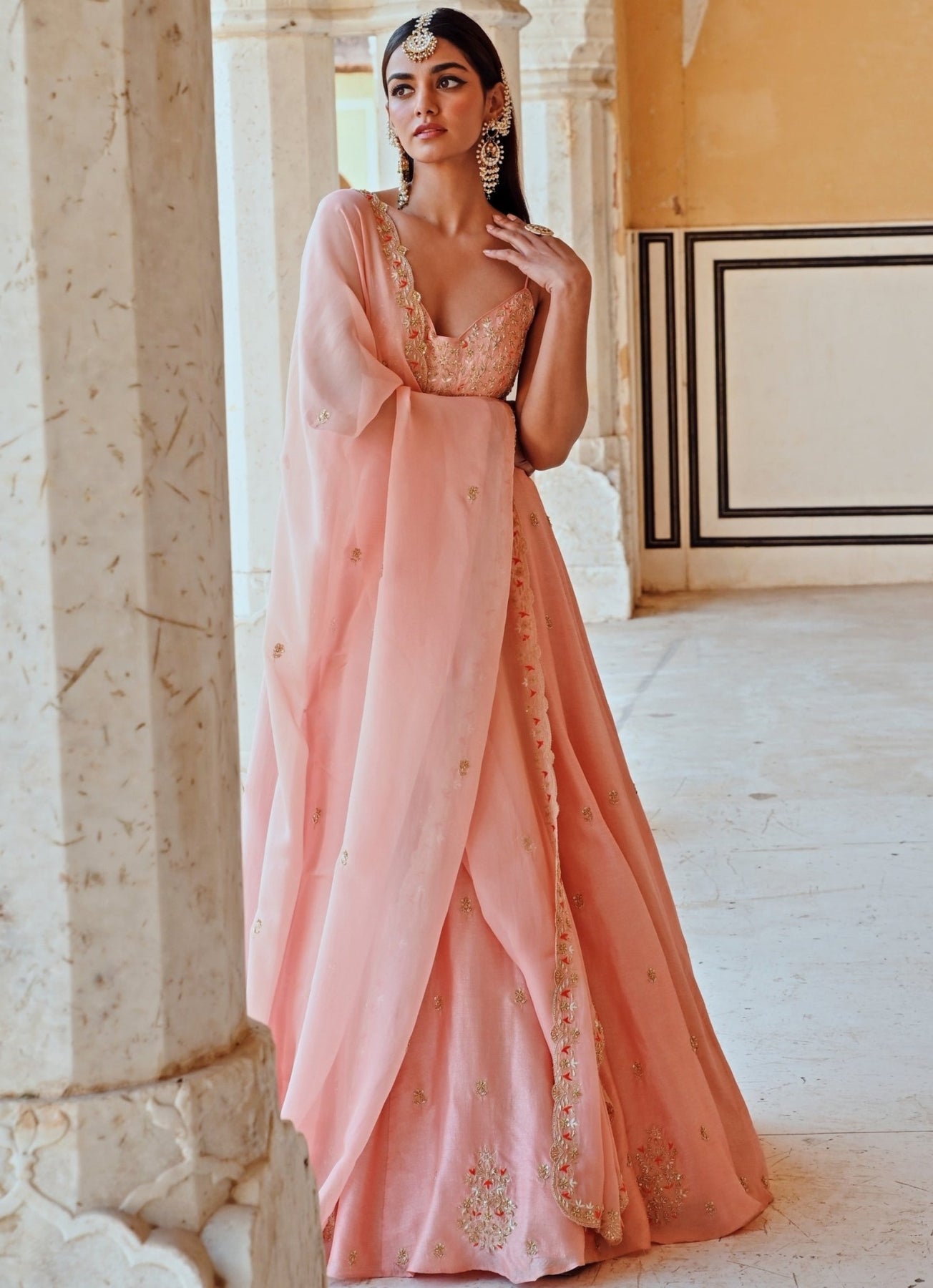 Pakistani Peach Embroidered Silk Floor-Length Anarkali (2-Piece) - Image 1