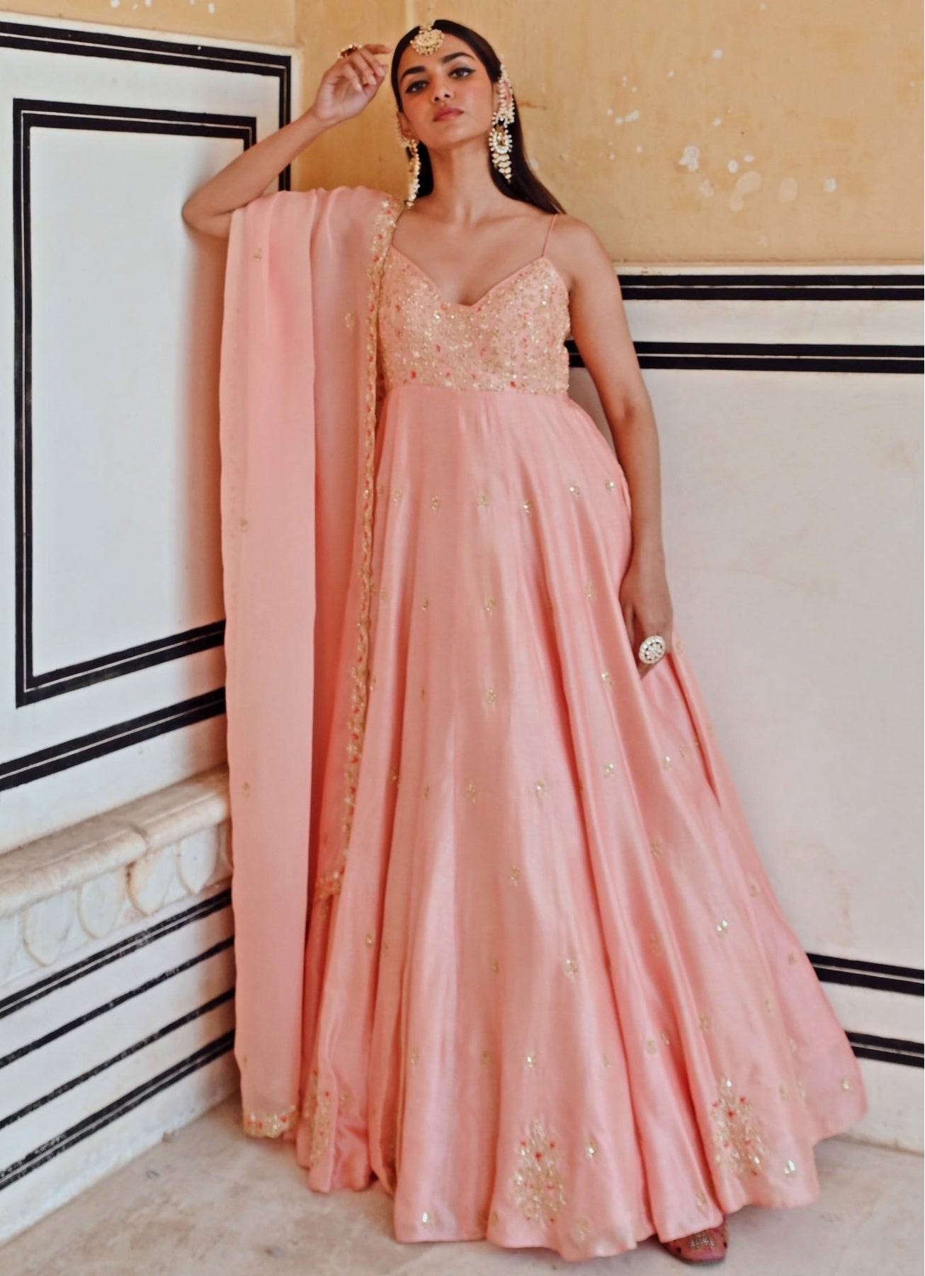 Pakistani Peach Embroidered Silk Floor-Length Anarkali (2-Piece) - Image 3