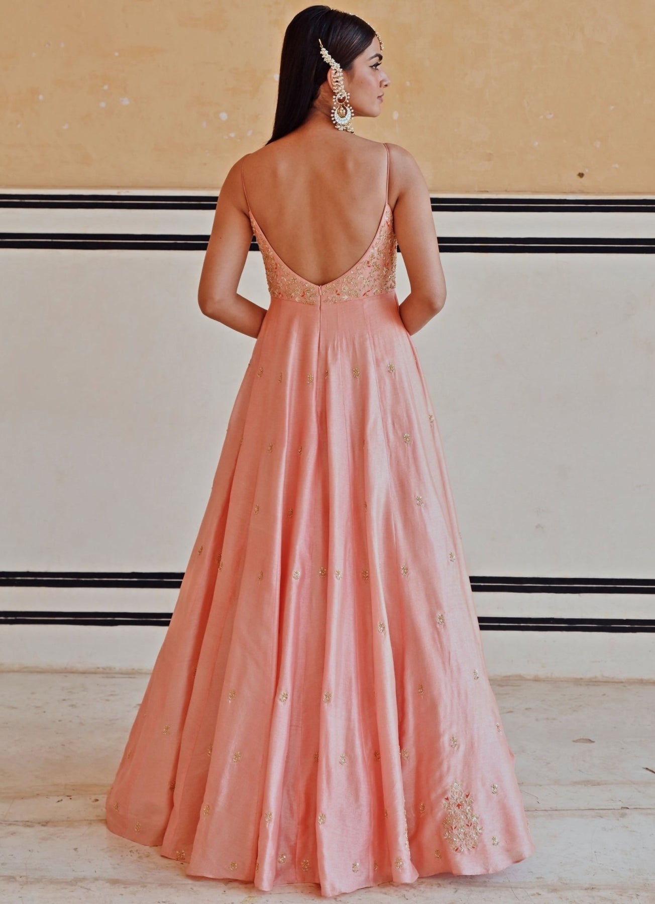 Pakistani Peach Embroidered Silk Floor-Length Anarkali (2-Piece) - Image 4