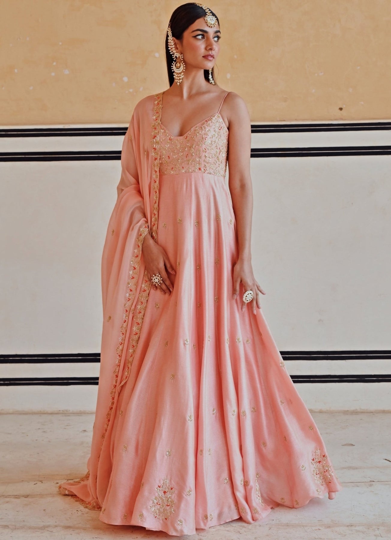 Pakistani Peach Embroidered Silk Floor-Length Anarkali (2-Piece) - Image 5