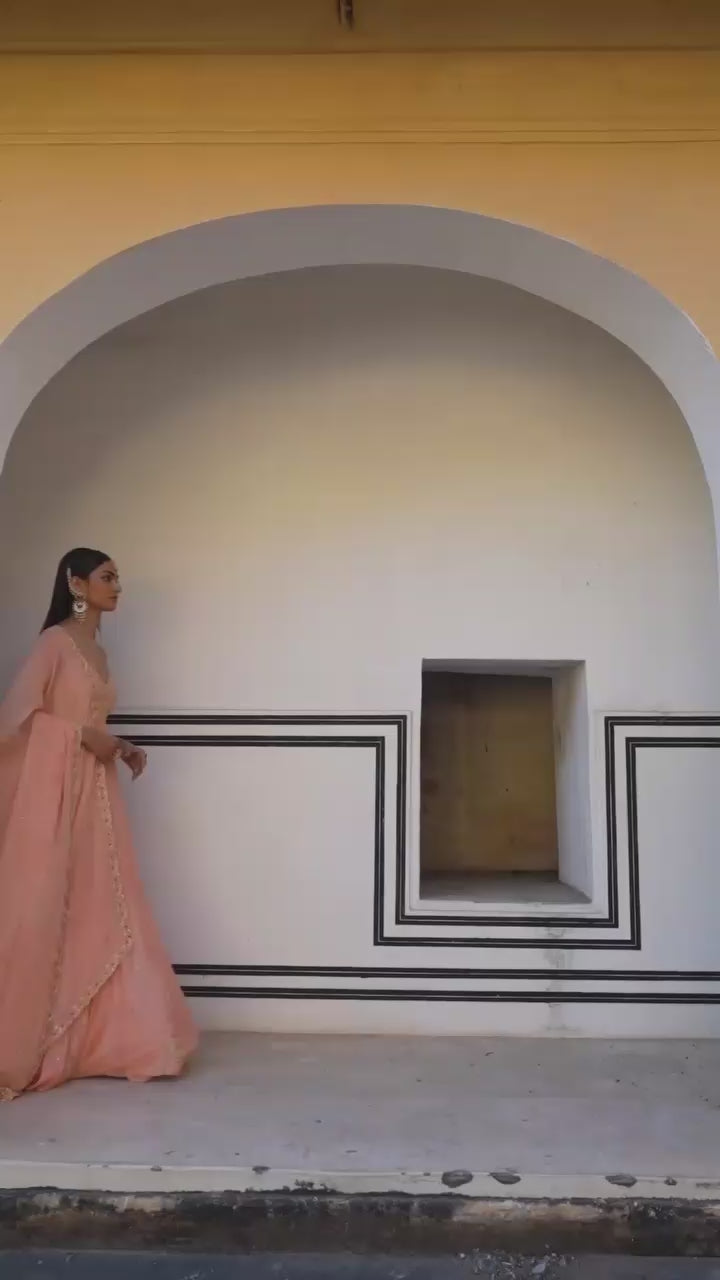 Pakistani Peach Embroidered Silk Floor-Length Anarkali (2-Piece) - Image 6