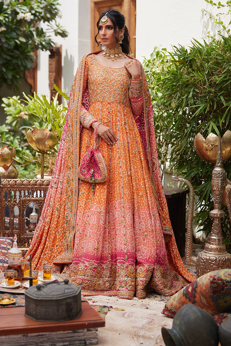 Tangerine Pink Ombre Silk Anarkali Dress (2-Piece) - Image 1