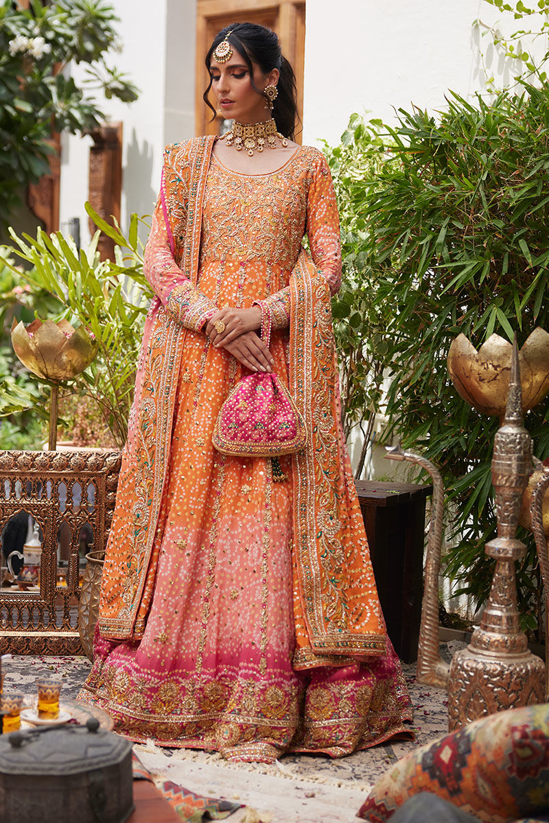 Tangerine Pink Ombre Silk Anarkali Dress (2-Piece) - Image 2