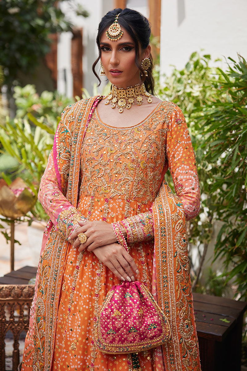 Tangerine Pink Ombre Silk Anarkali Dress (2-Piece) - Image 3