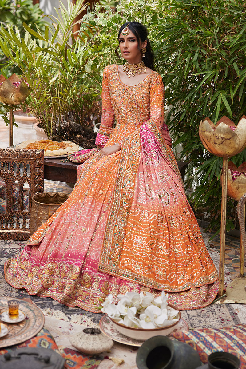 Tangerine Pink Ombre Silk Anarkali Dress (2-Piece) - Image 4