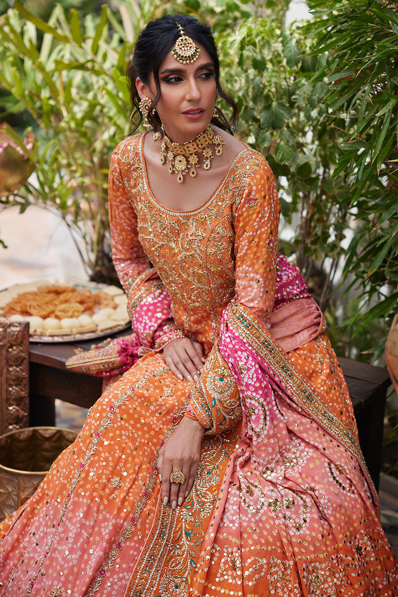 Tangerine Pink Ombre Silk Anarkali Dress (2-Piece) - Image 5