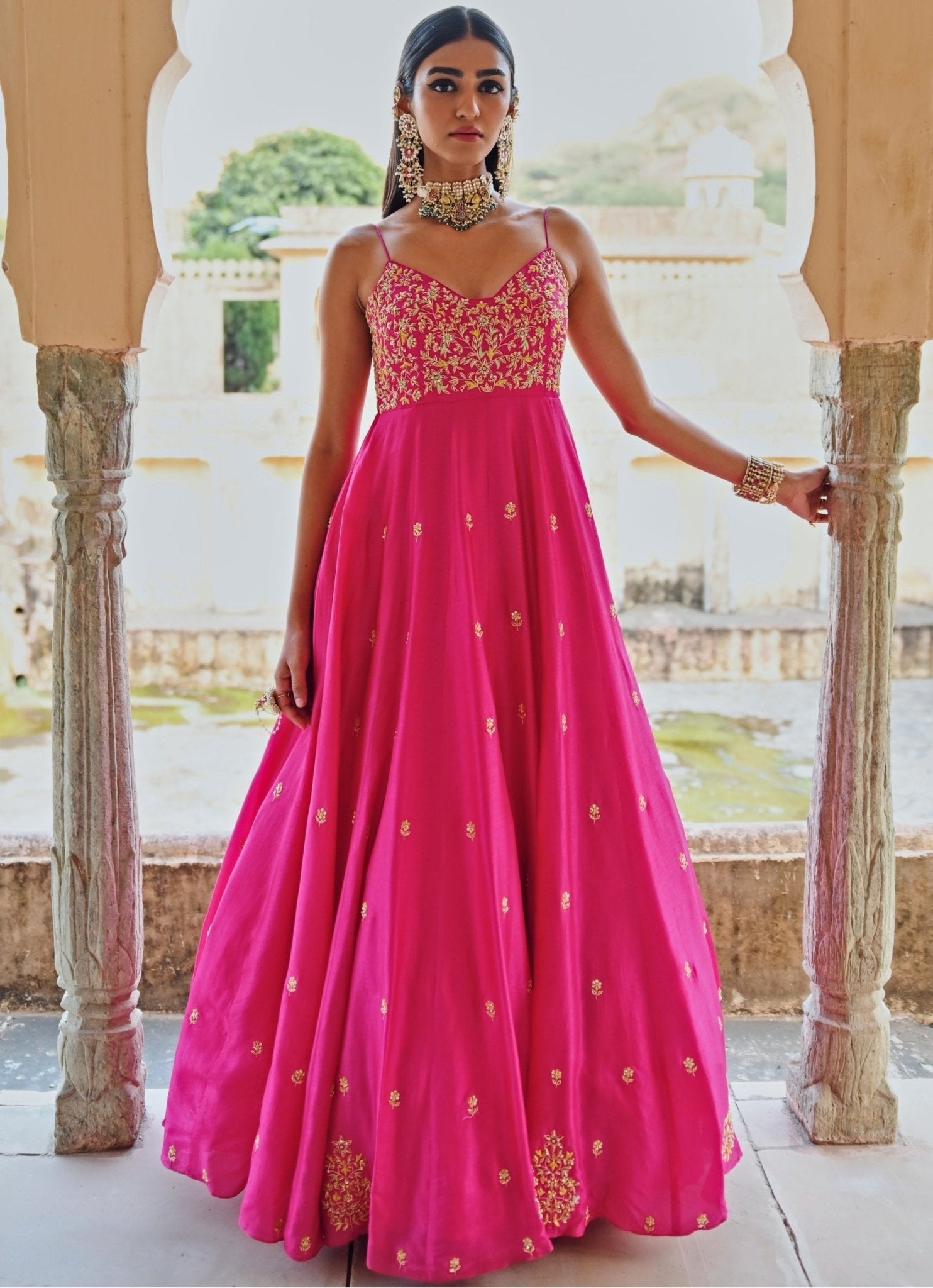 Pakistani Hot Pink Embroidered Silk Anarkali Dress (2-Piece) - Image 1