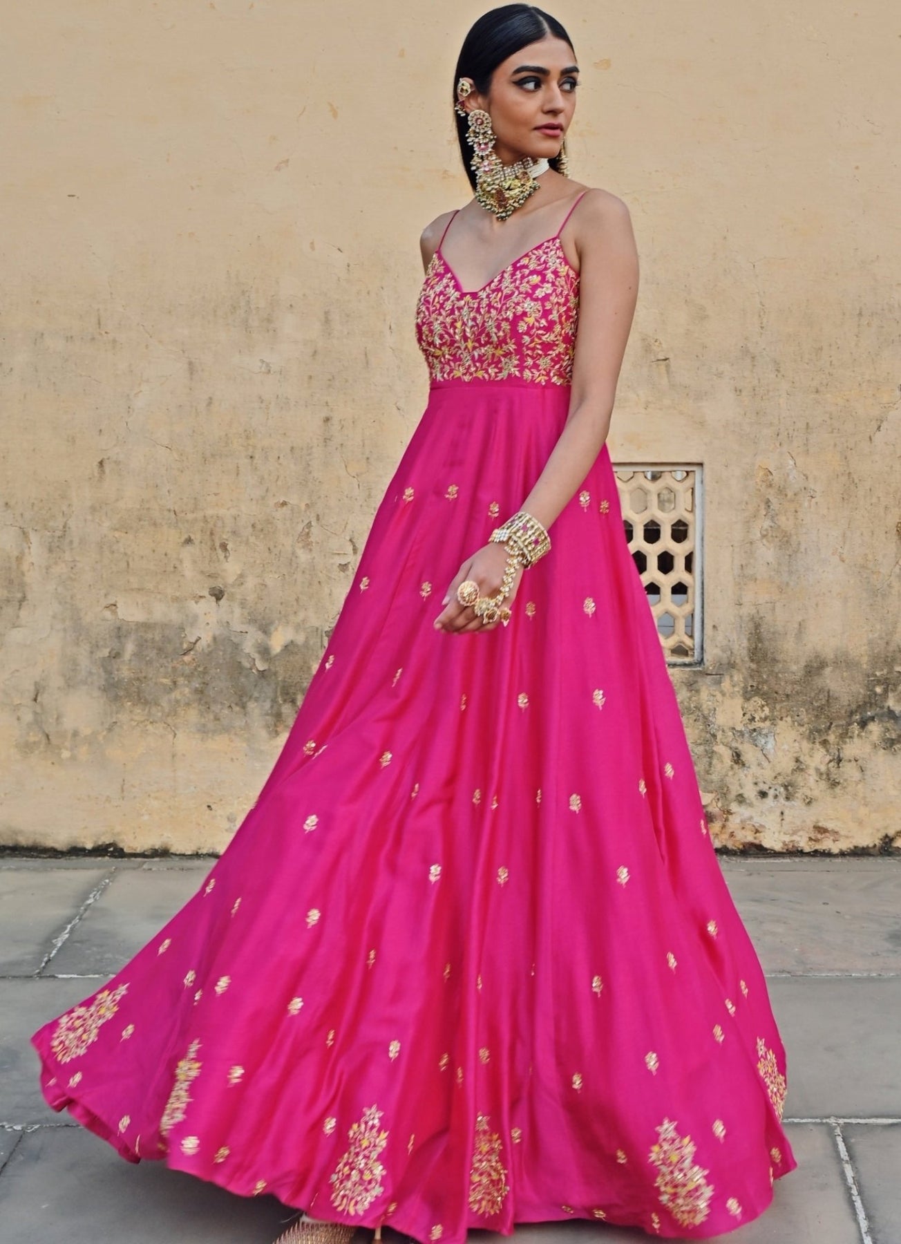 Pakistani Hot Pink Embroidered Silk Anarkali Dress (2-Piece) - Image 3