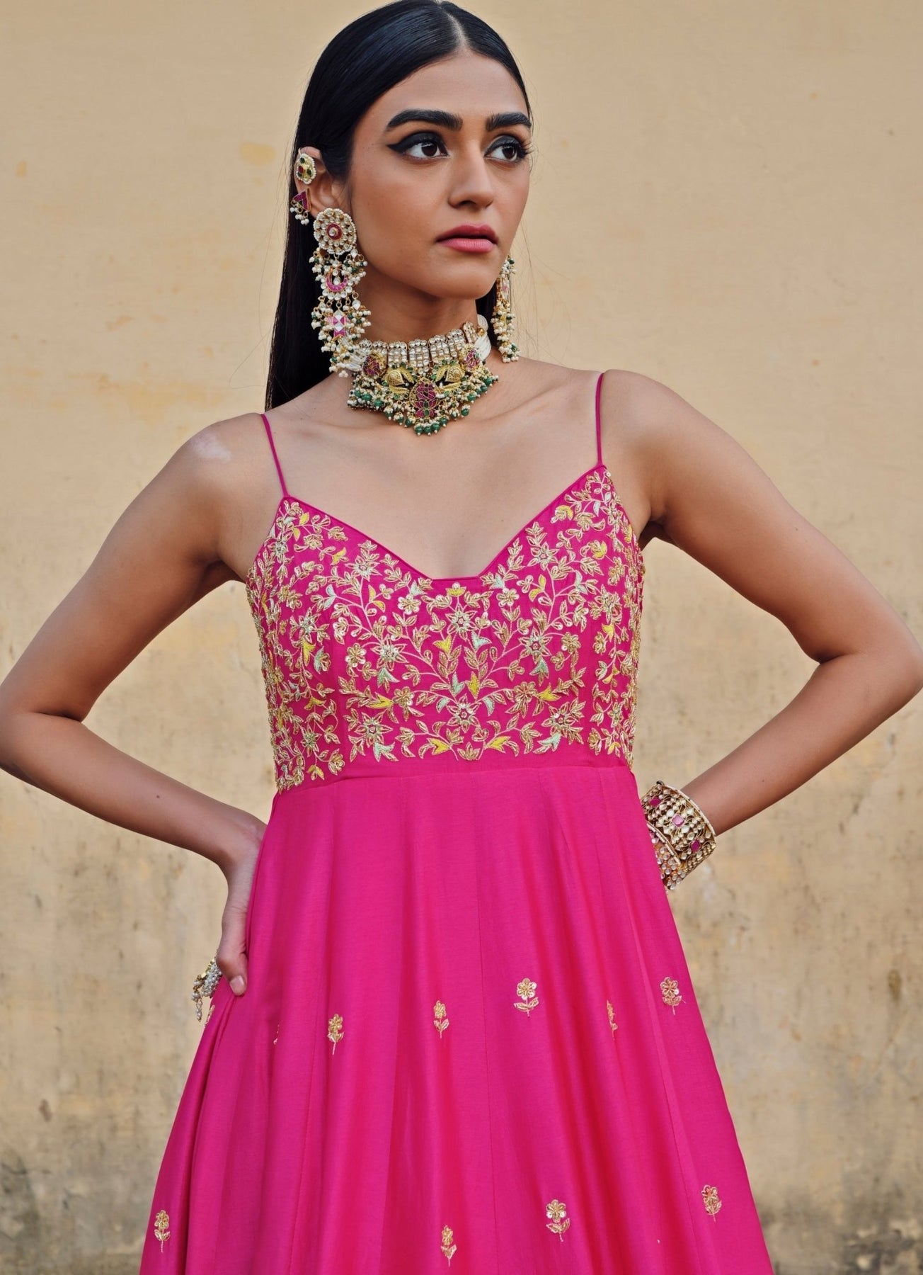 Pakistani Hot Pink Embroidered Silk Anarkali Dress (2-Piece) - Image 4