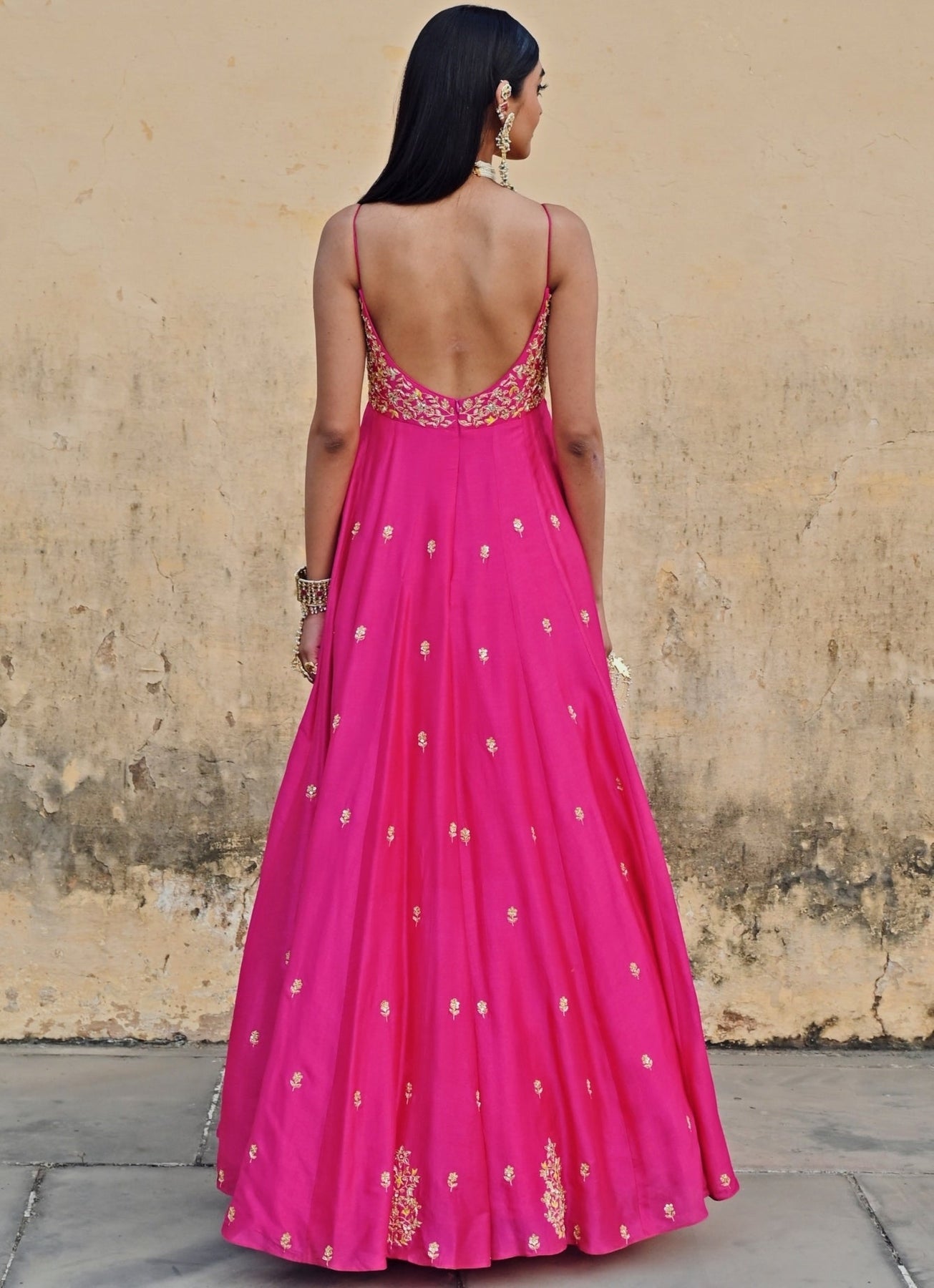 Pakistani Hot Pink Embroidered Silk Anarkali Dress (2-Piece) - Image 5