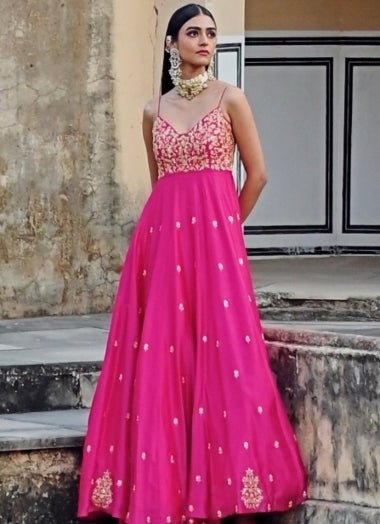 Pakistani Hot Pink Embroidered Silk Anarkali Dress (2-Piece) - Image 6
