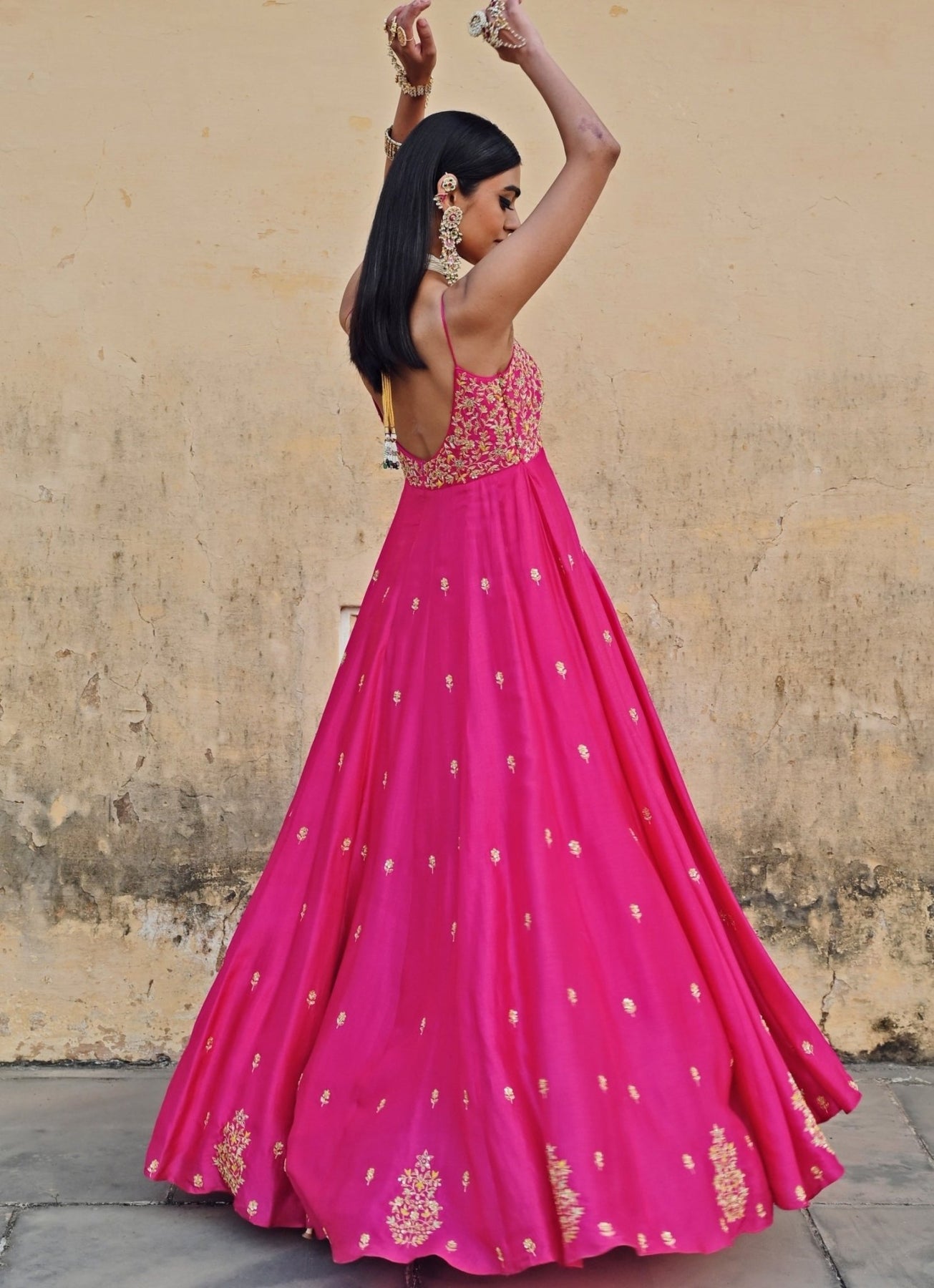 Pakistani Hot Pink Embroidered Silk Anarkali Dress (2-Piece) - Image 7