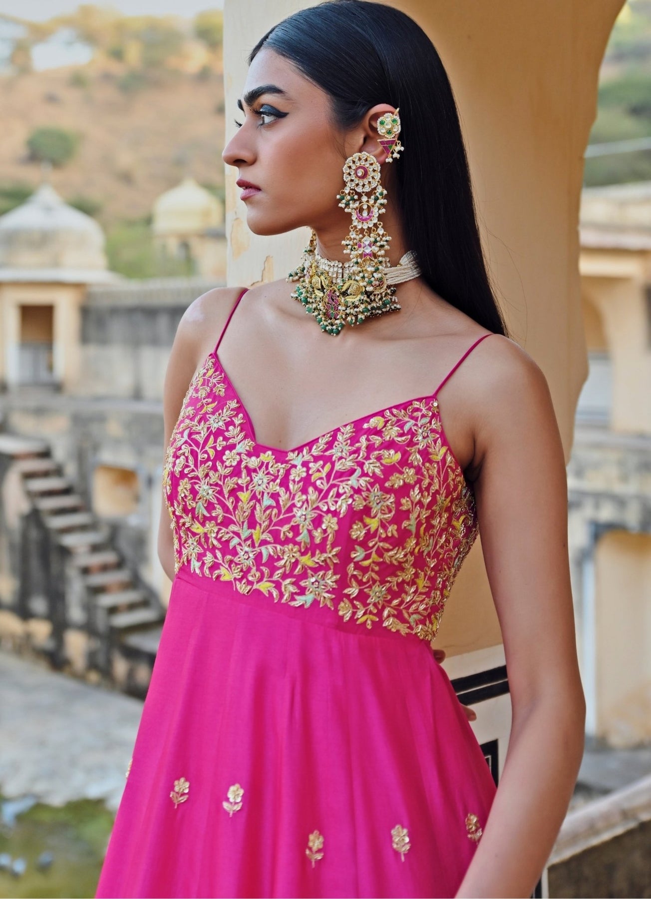 Pakistani Hot Pink Embroidered Silk Anarkali Dress (2-Piece) - Image 8