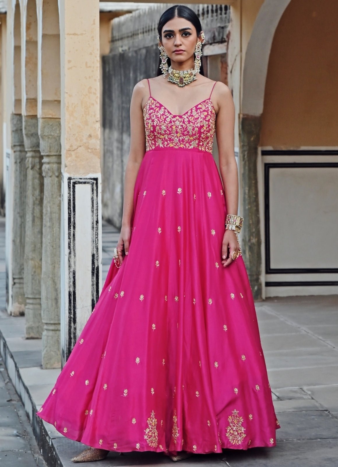 Pakistani Hot Pink Embroidered Silk Anarkali Dress (2-Piece) - Image 9