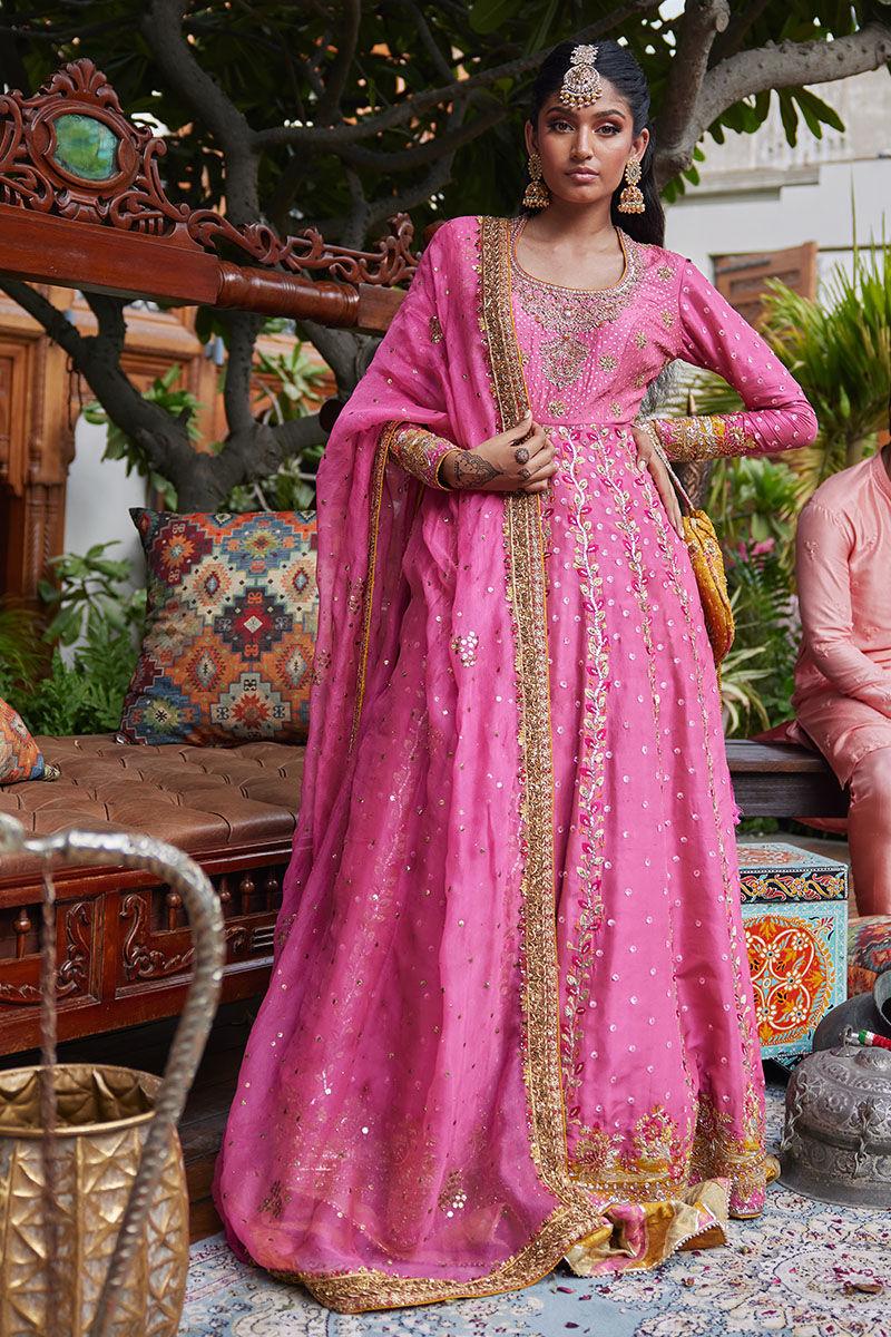 Taffy Pink Zardozi Silk Anarkali Dress (2-Piece) - Image 1