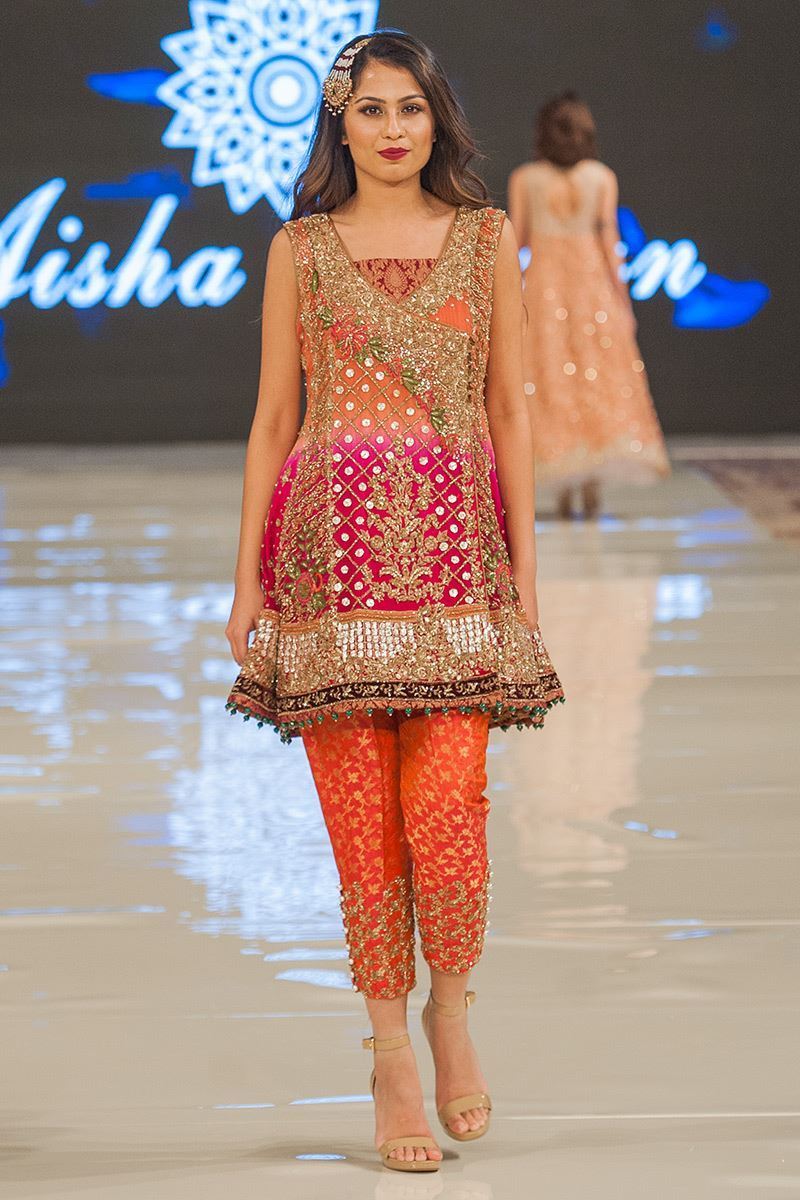 Pakistani Pink and Rust Embroidered Chiffon Angarkha (2-Piece) - Image 1