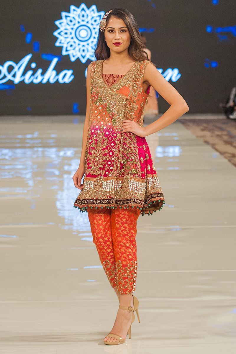 Pakistani Pink and Rust Embroidered Chiffon Angarkha (2-Piece) - Image 2