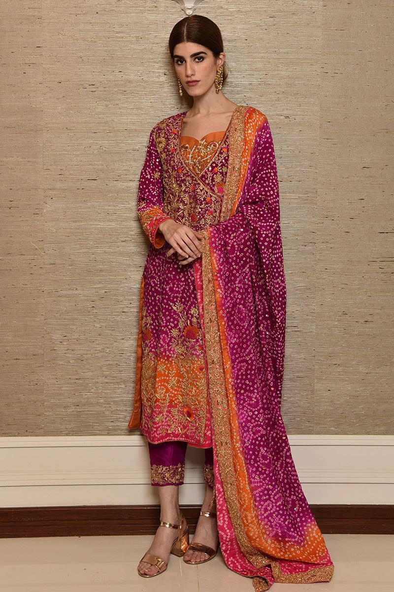 Pakistani Magenta Zardozi Crepe Silk Angrakha (3-Piece) - Image 1