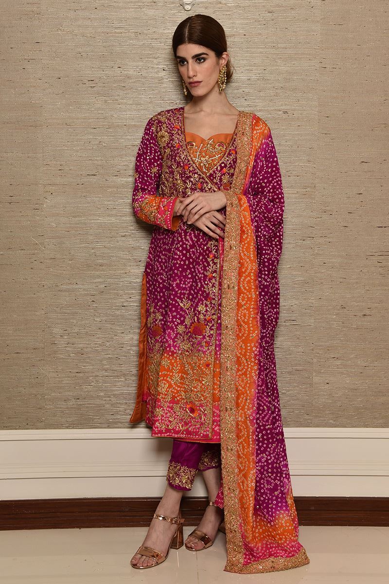 Pakistani Magenta Zardozi Crepe Silk Angrakha (3-Piece) - Image 2